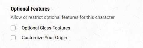 A gif showing the Optional Features section of the Character Builder and a cursor enabling the Optional Class Features option.