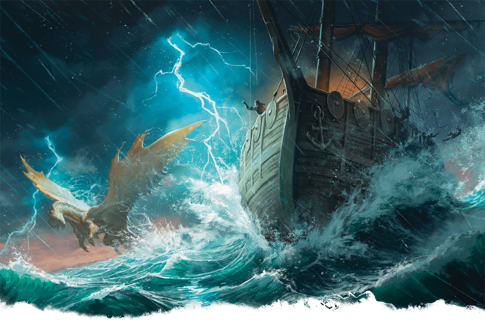 A ship navigating a storm while a dragon flies alongside