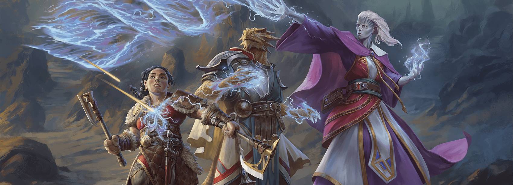 Battle-ready sorcerers crowned in blue-white spellfire.