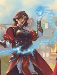 A spellfire sorcerer crackling with radiant-blue energy in a town.
