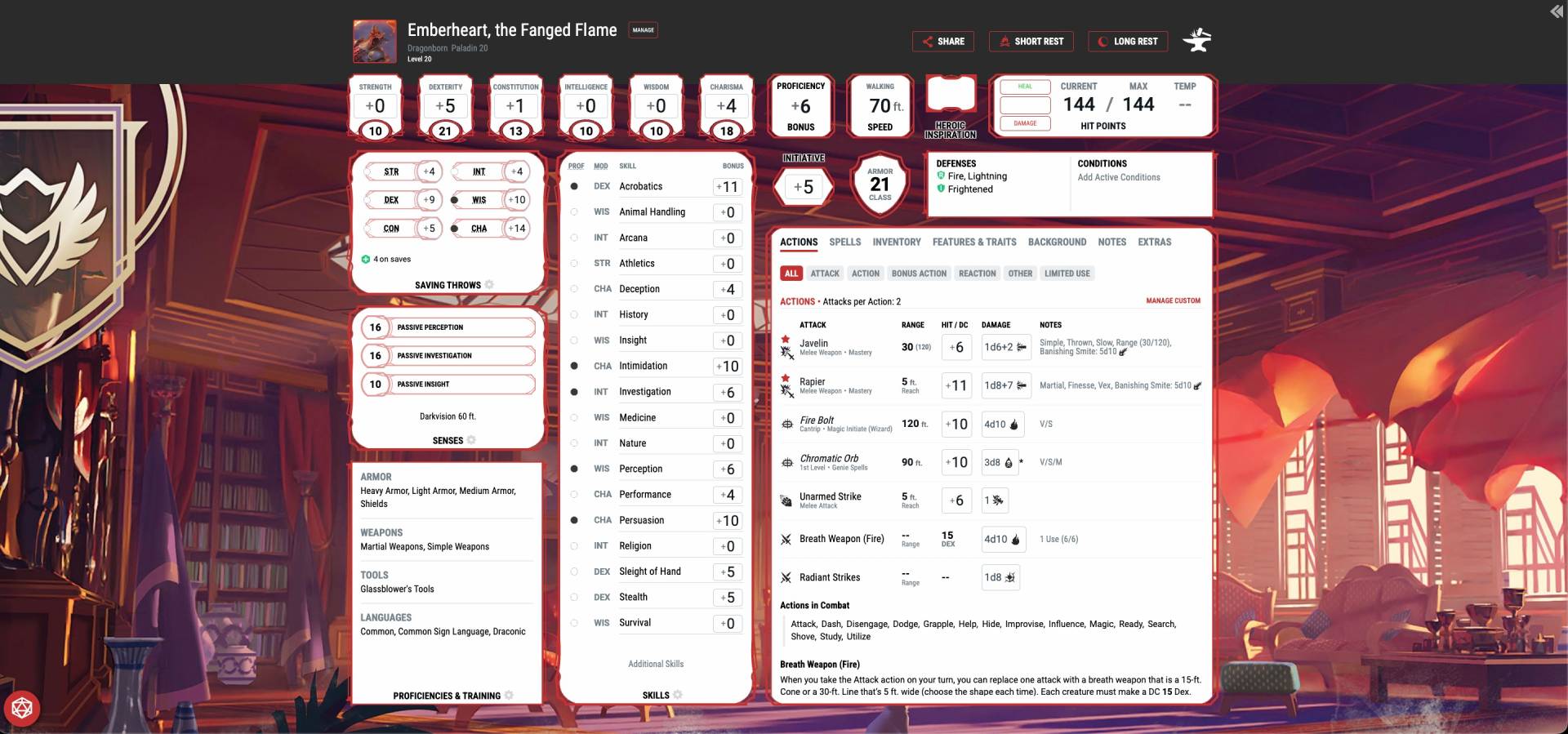 Emberheart's D&D Beyond digital character sheet
