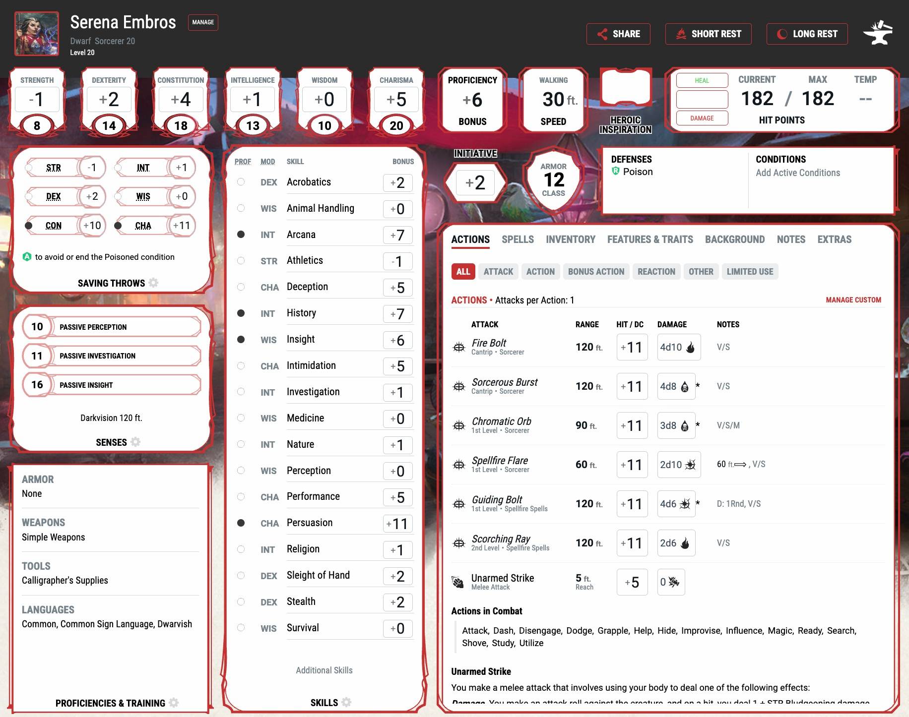 Serena Embros' character sheet in D&D Beyond