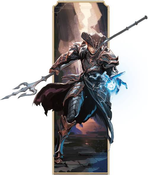 An Eldritch Knight Fighter wielding a spear and magic against her foes