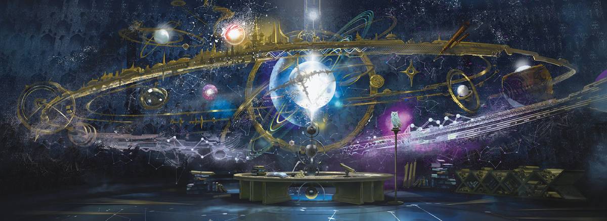 An astrology lab that features a swirling display of planets