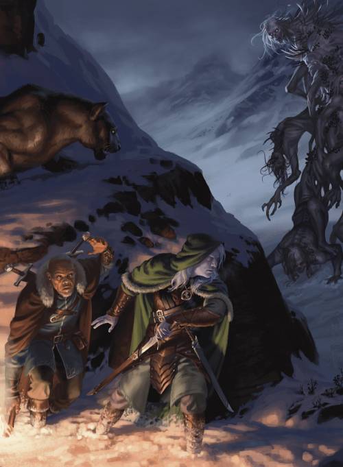 Drizzt and a Winter Walker Ranger hiding from a monster in the arctic