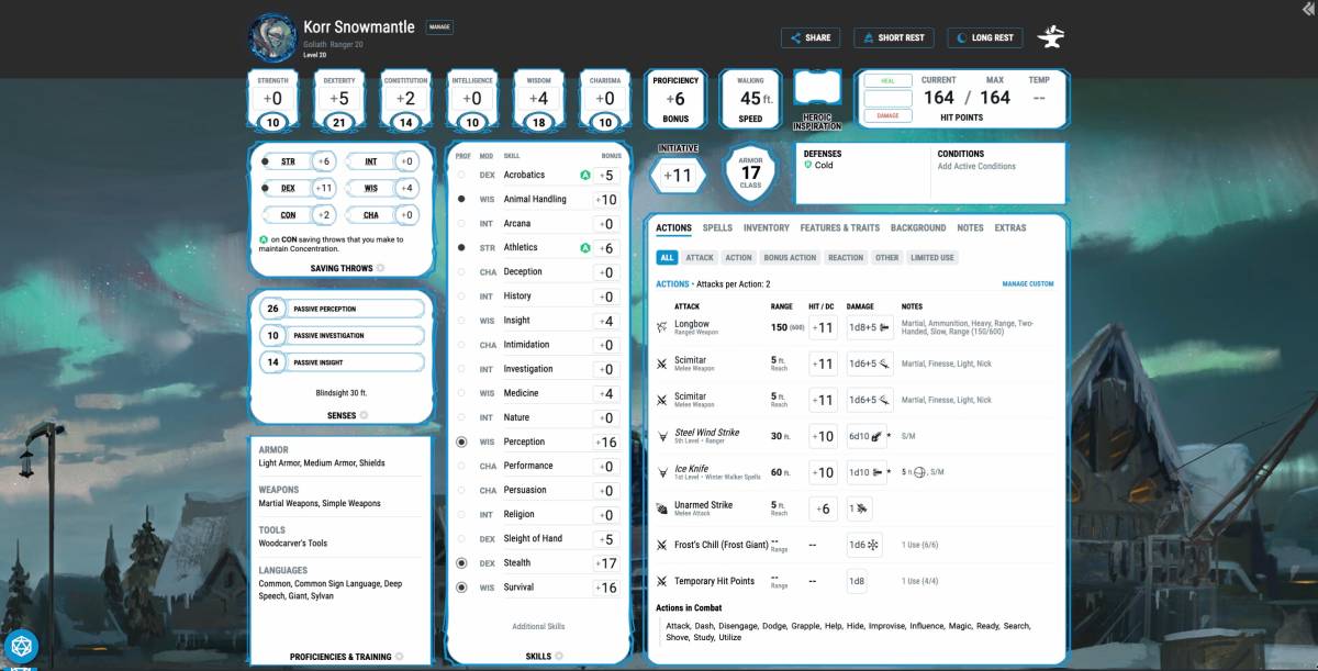 Korr Snowmantle's character sheet