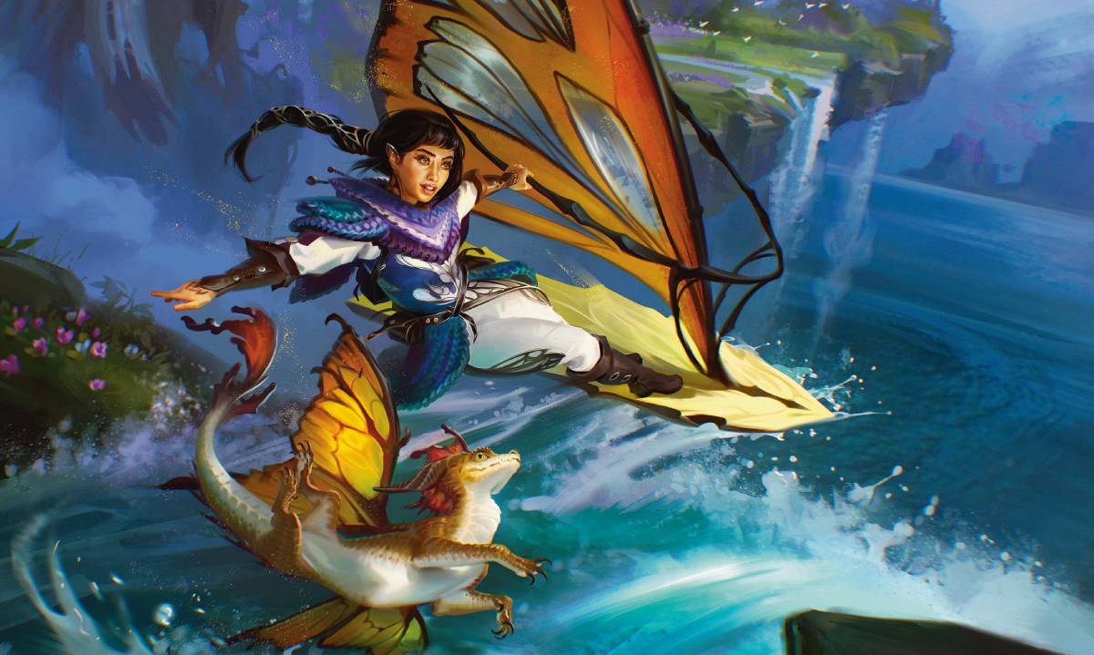 A young Moonshae woman on a Windskiff above emerald waterfalls and ancient trees