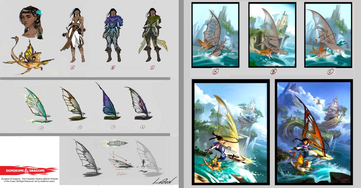 Detail a scene where a young Ffolk woman and her Faerie Dragon companion windsurf by a Moonshae city