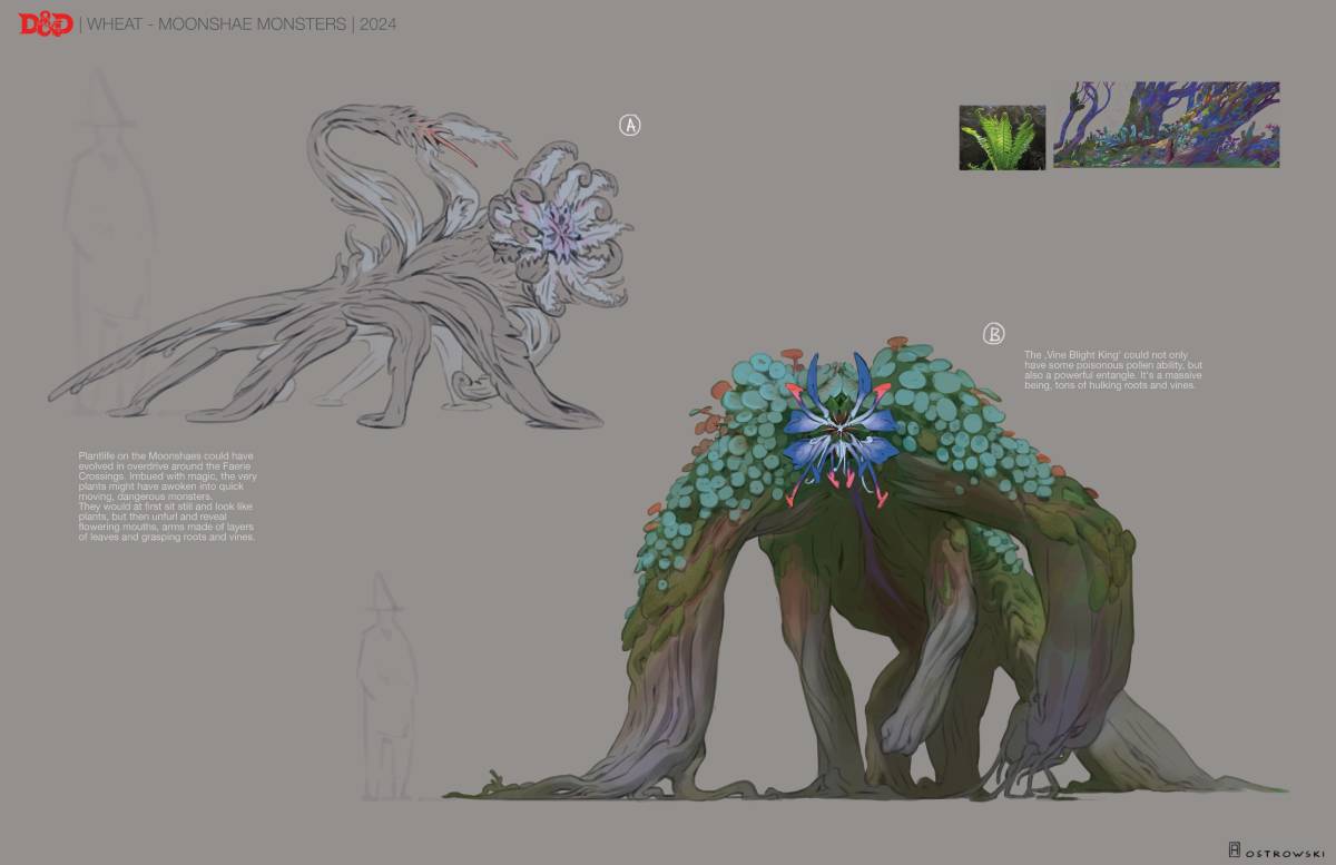 Concept art of lush Moonshae forests, rusted creatures, and Fey-touched landscapes