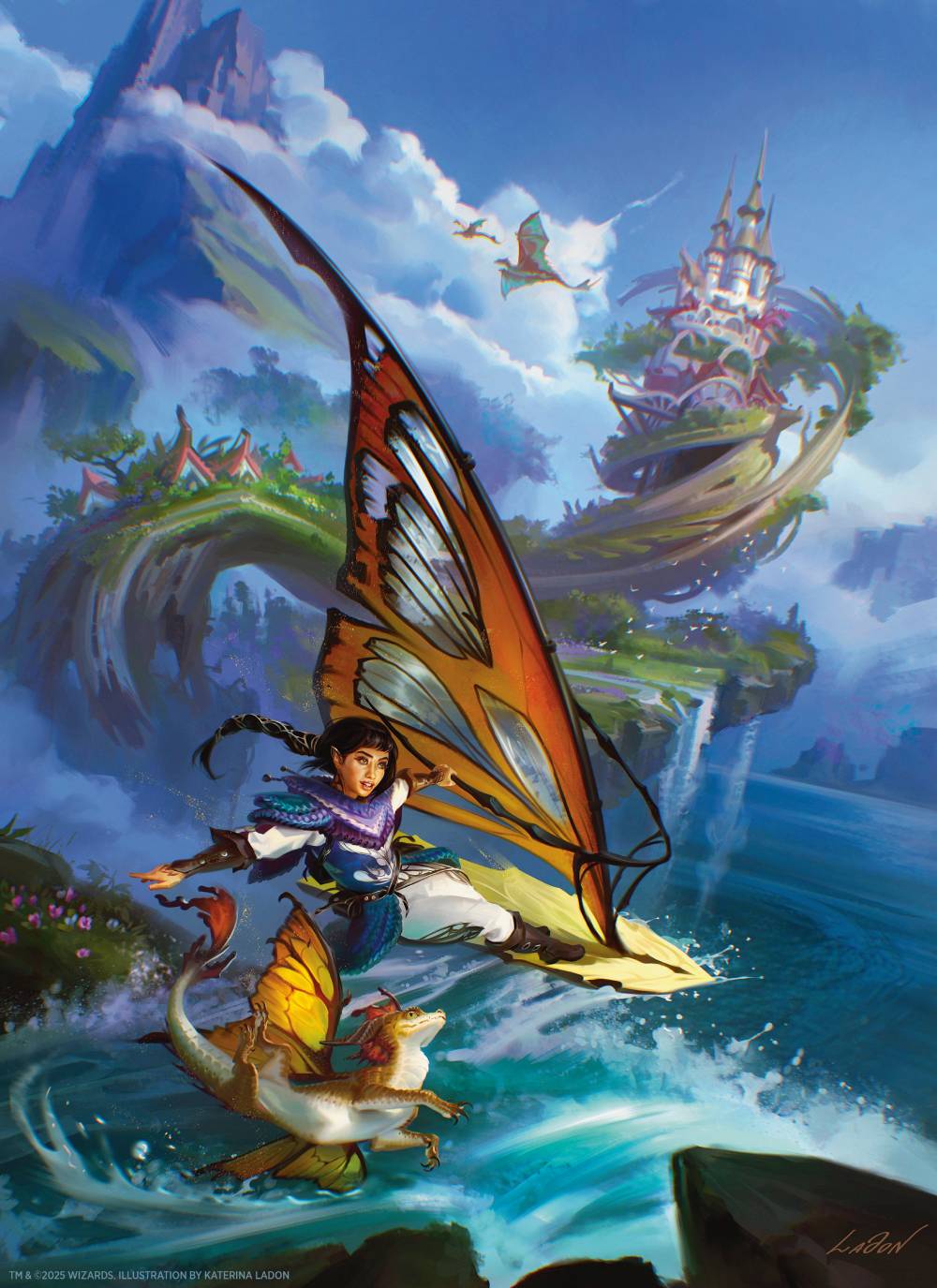 A Moonshae adventurer surfs over waterfalls