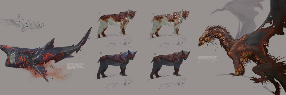 Rusted creatures and anatomy studies showing flaking metal and exposed bone