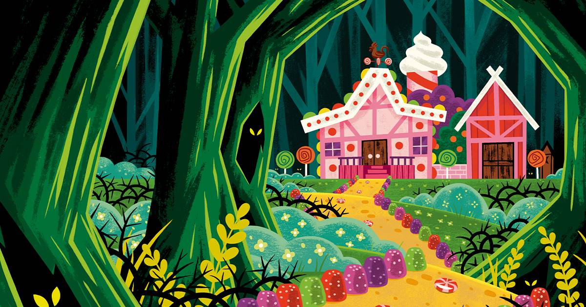 A Cartoon-style candy cottage in the woods