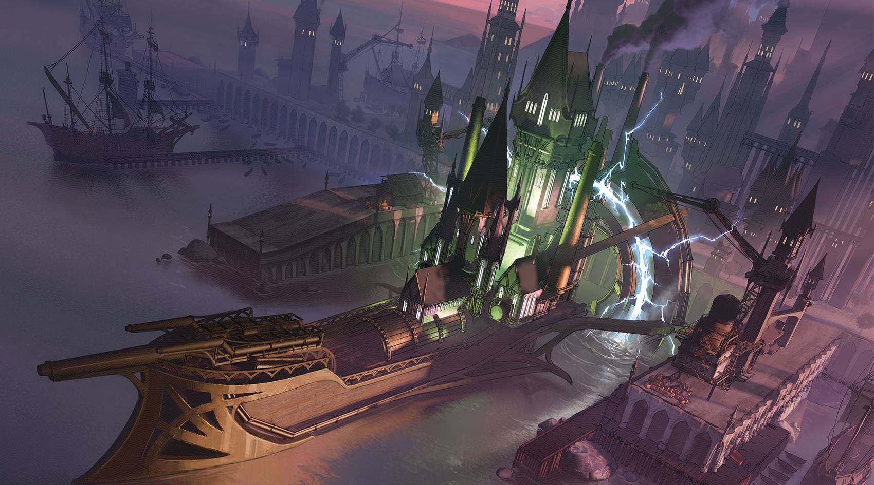 An airship in a docking bay