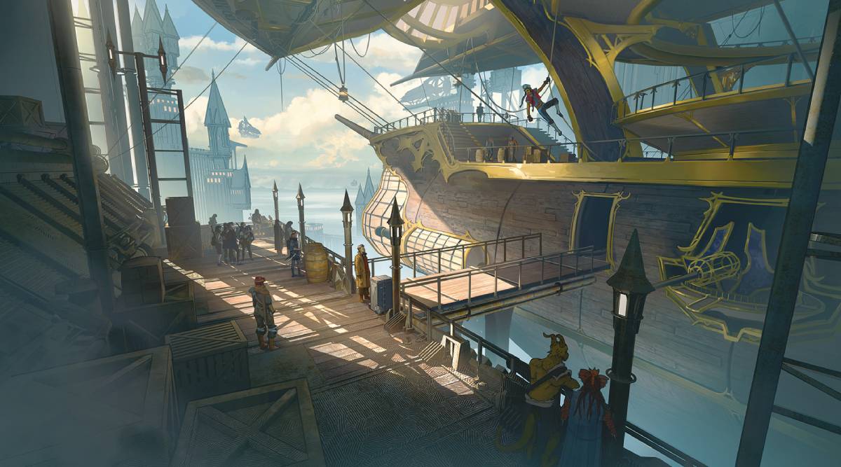 An airship in a docking bay