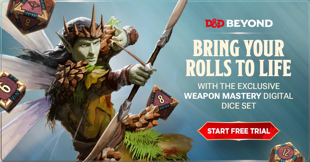 A fierce faerie warrior with wooden armor and leaflike wings lunges forward with a spear as colorful digital dice float around them. The right side displays the D&D Beyond logo and the text “Bring Your Rolls to Life with the Exclusive Weapon Mastery Digital Dice Set,” along with a red button reading “Start Free Trial.”