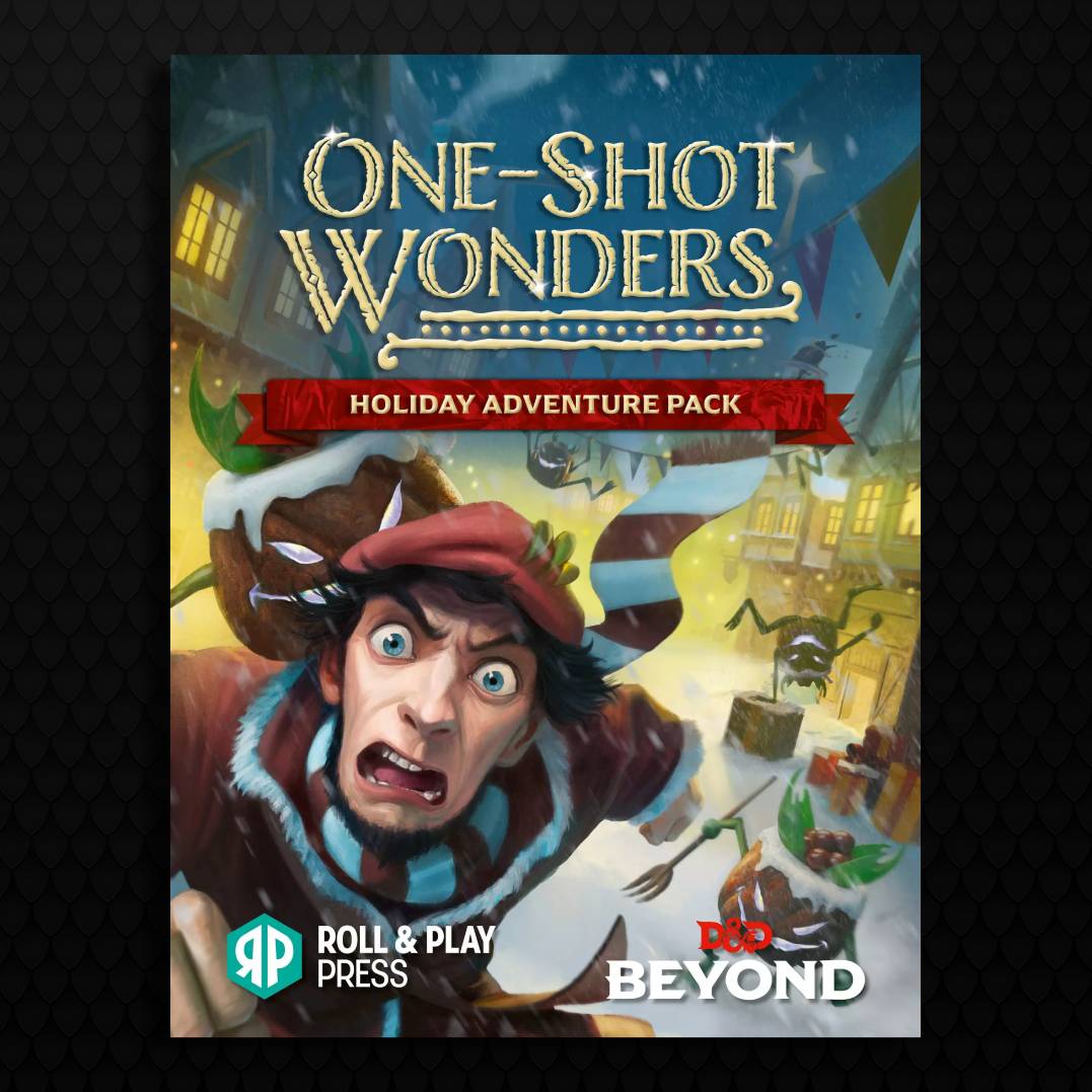 Cover art for One-Shot Wonders: Holiday Adventure Pack featuring festive adventurers, winter creatures, and a magical sleigh scene