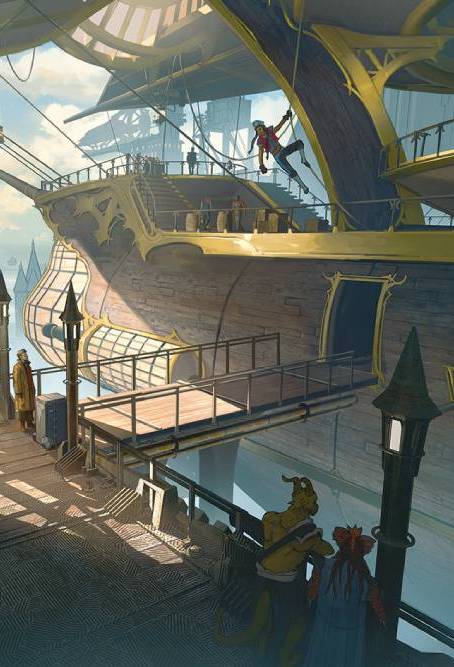 An elemental airship taking on passengers bound for adventure