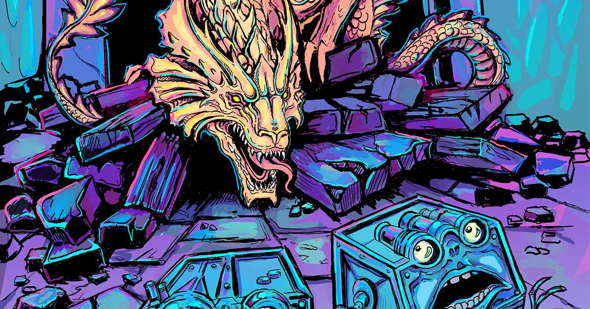 A psychedelic rendition of a copper dragon chasing modrons