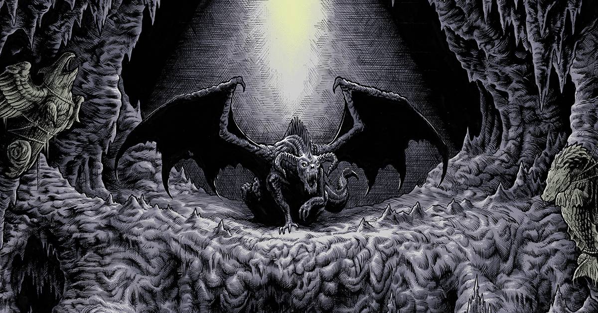 A black and white illustration of a black dragon