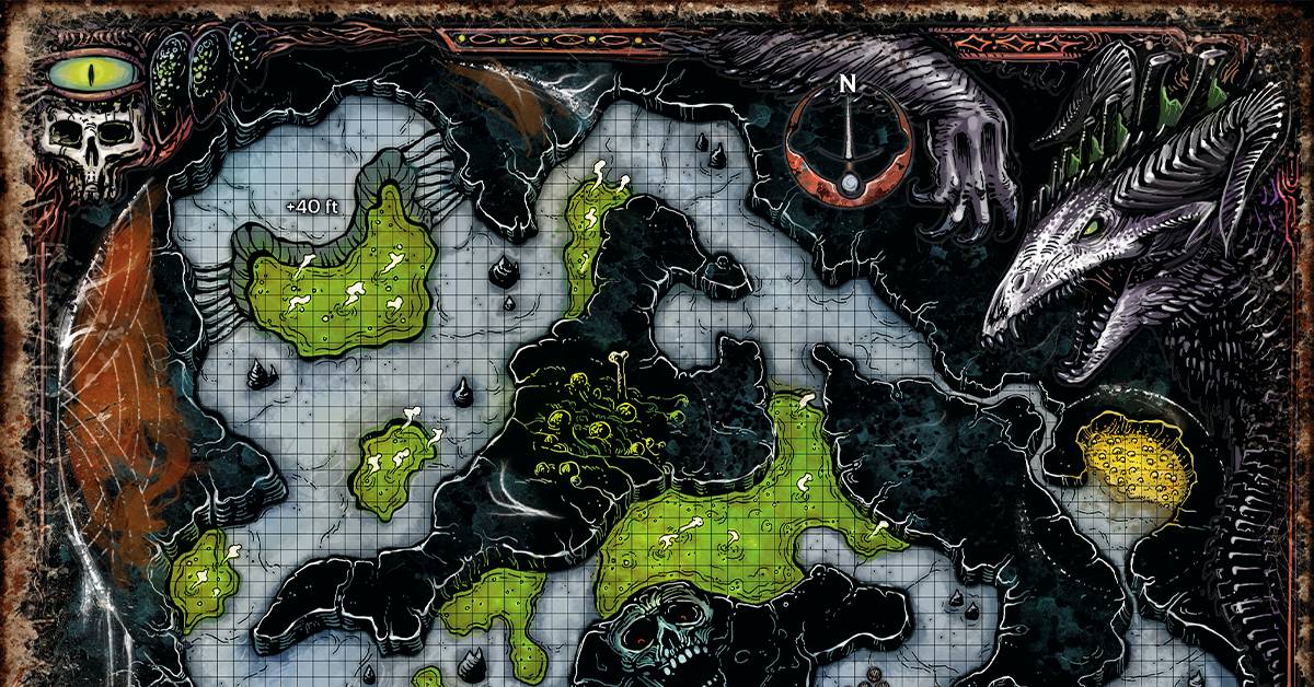 A dark, moody battle map of a black dragon's lair