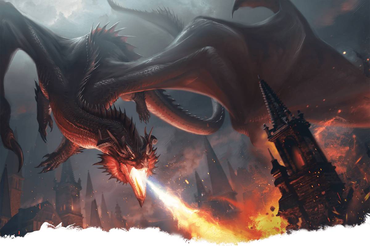 An adult red dragon unleashes its fury, reducing a city to ruin