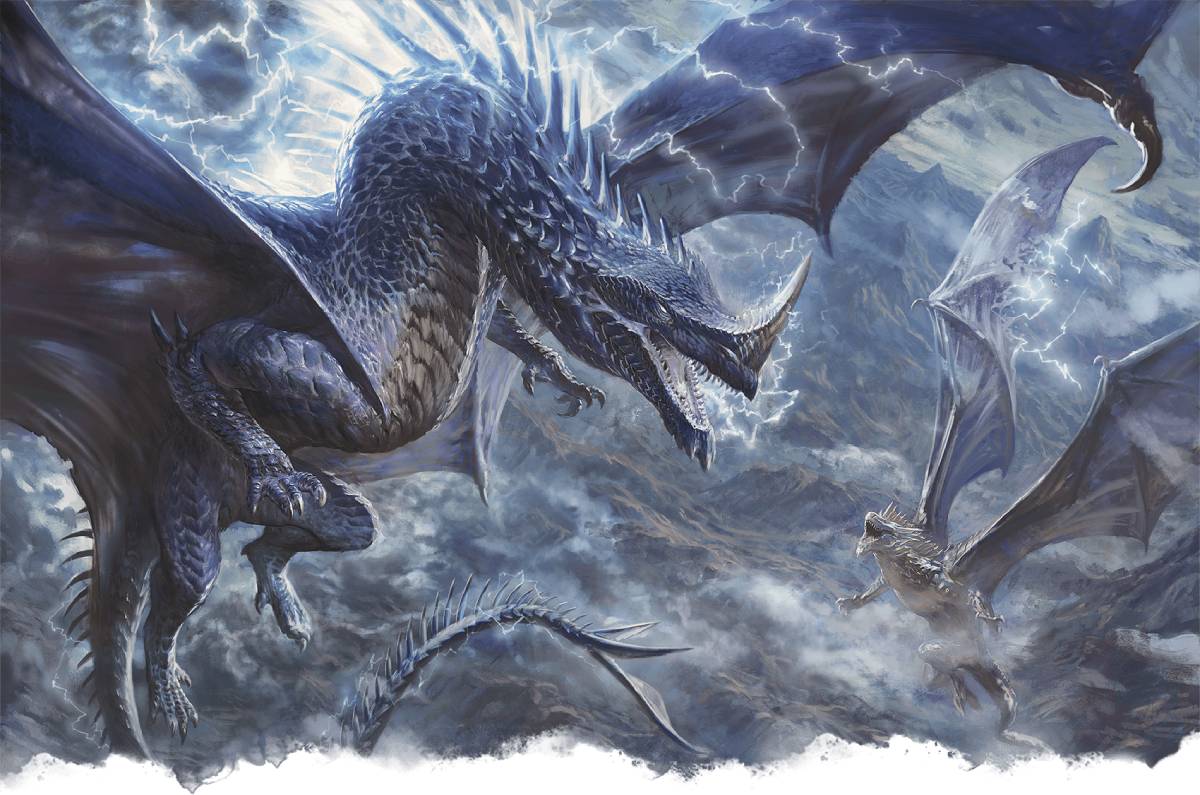 An adult blue dragon invades the territory of a silver dragon rival