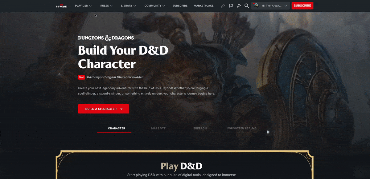 A gif of D&D Beyond's new navigation