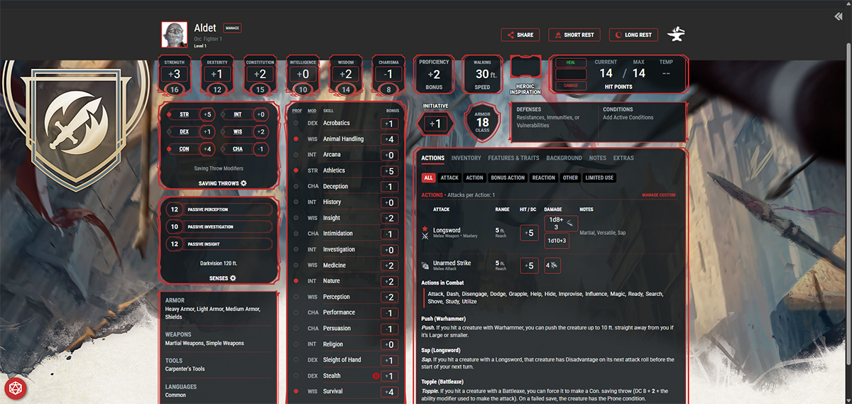 A screenshot of the D&D Beyond digital character sheet showing the level 1 Fighter stats