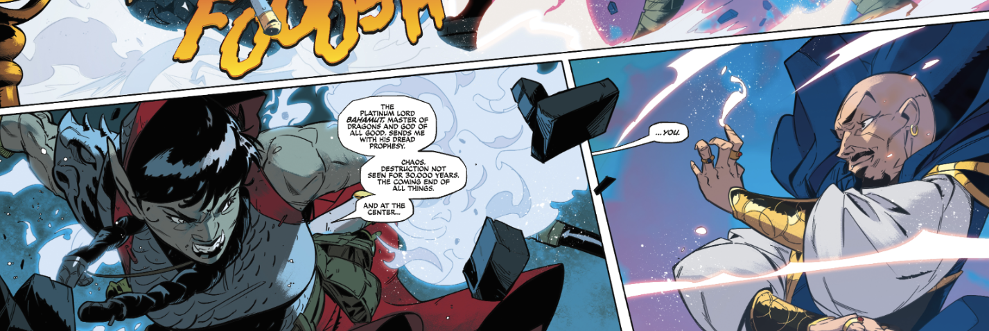 Mordenkainen confronting a dragon god in an arcane duel