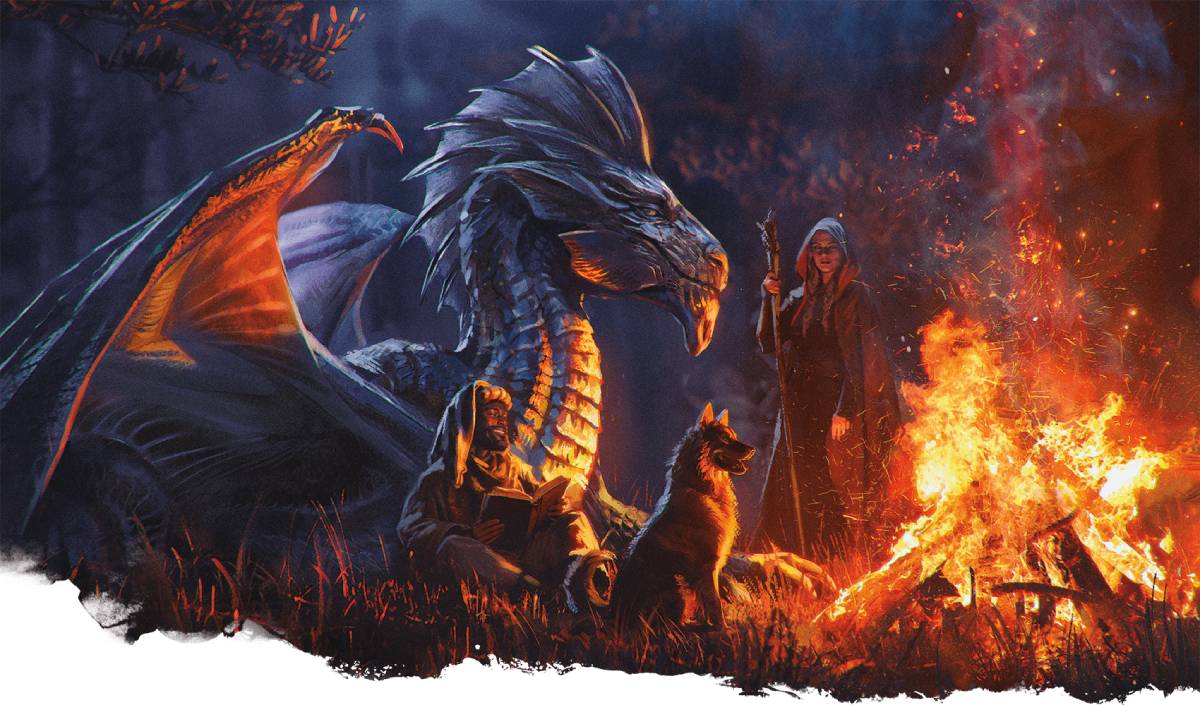 An adult silver dragon relaxes in camp alongside its fellow adventurers