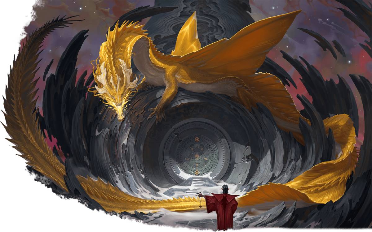 An adult gold dragon guards the site of a mysterious seal from intruders