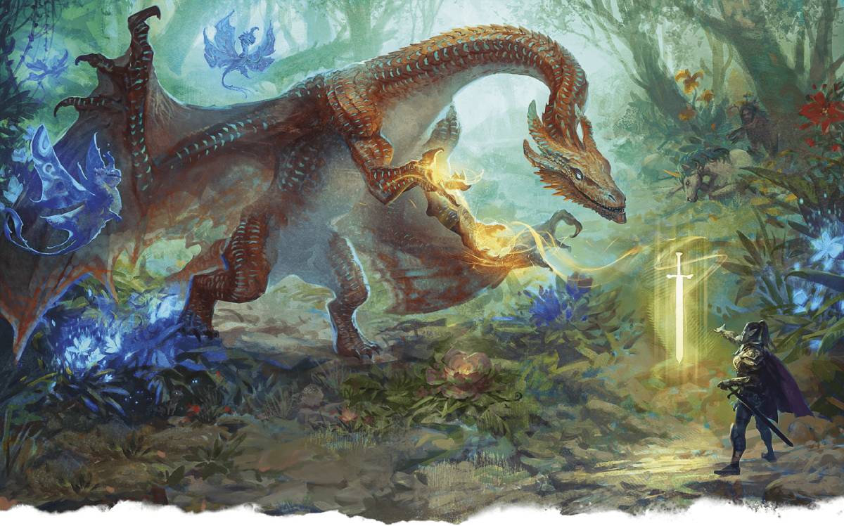 Surrounded by guardians of the forest, an adult copper dragon bequeaths a magic sword to a worthy hero