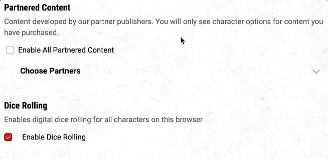 An animation demonstrating the selection of the Vampire: The Masquerade source category in the character builder. Under “Partnered Content” in the Character Preferences page, expand “Choose Partners” and check the box next to “Vampire: The Masquerade.”