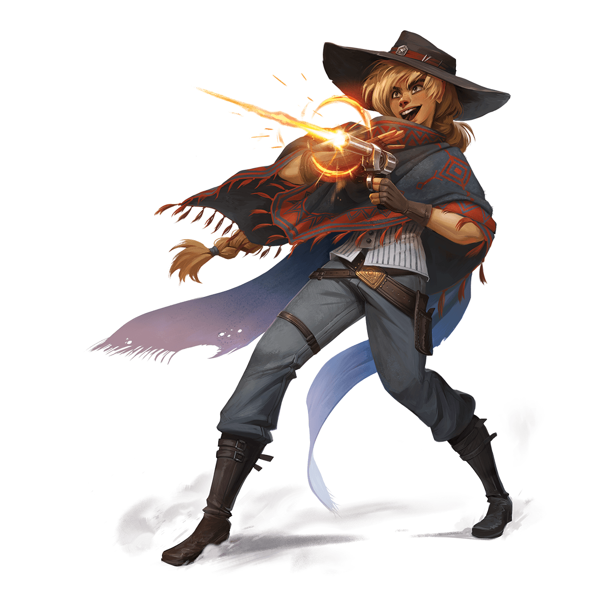 Pistolero Gunslinger firing a glowing six-shooter in a wide-brimmed hat and fringed poncho