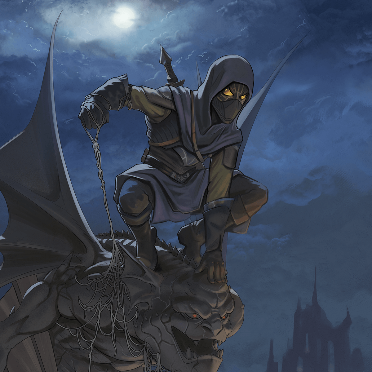 Arachnoid Stalker Rogue crouched atop a gargoyle under a full moon, trailing webbing