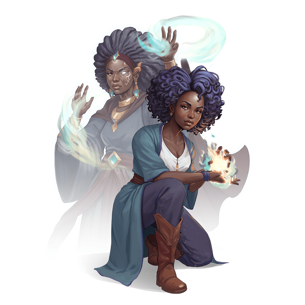 Future You Patron Warlock kneeling before the ghostly image of her older self channeling arcane energy