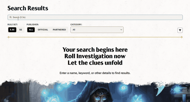The new D&D Beyond search showing autocomplete, filters, and a preview of the top result