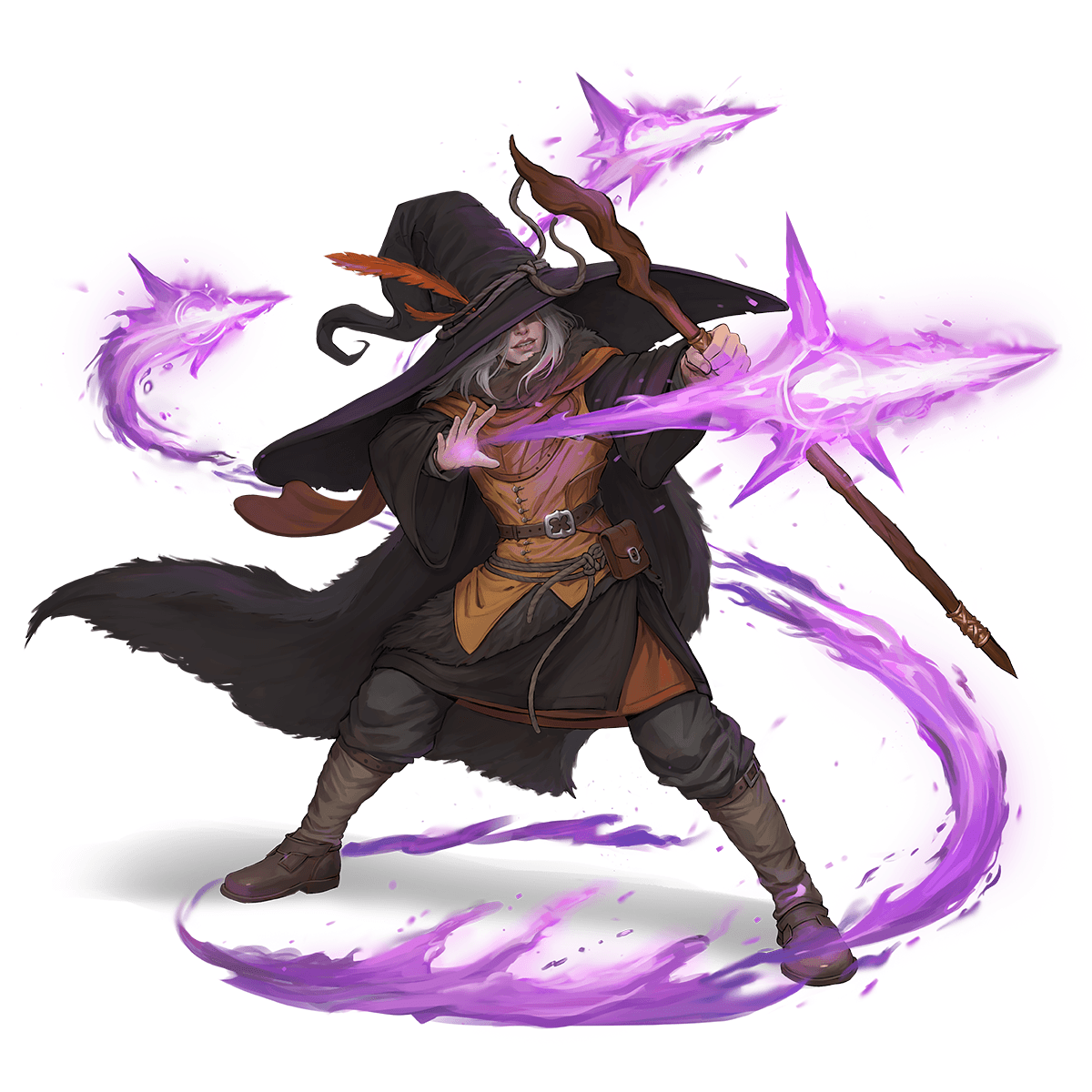 Magic Missile Mage Wizard in a wide-brimmed hat unleashing bolts of purple magic missiles