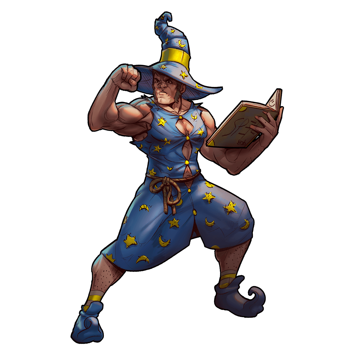 Muscle Wizard Barbarian flexing in star-patterned wizard robes and hat while reading a spellbook