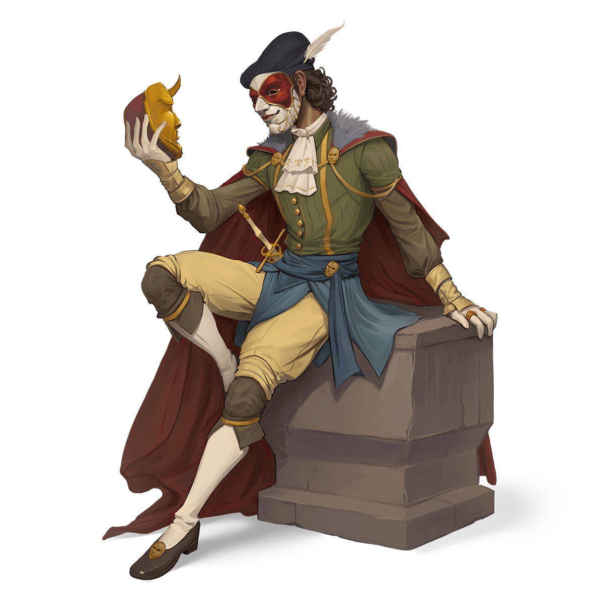 College of Masks Bard in a feathered cap admiring a golden theater mask