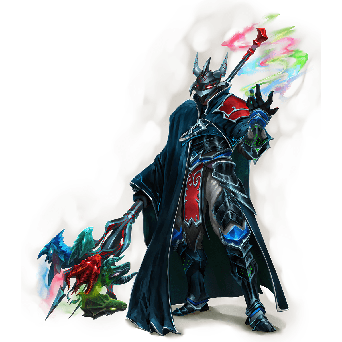 Dragon Domain Cleric in dark draconic armor wielding a chromatic dragon-headed staff wreathed in multicolored magic