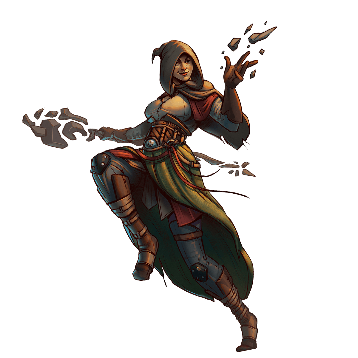 Circle of the City Druid in hooded urban attire hurling shards of stone and rubble