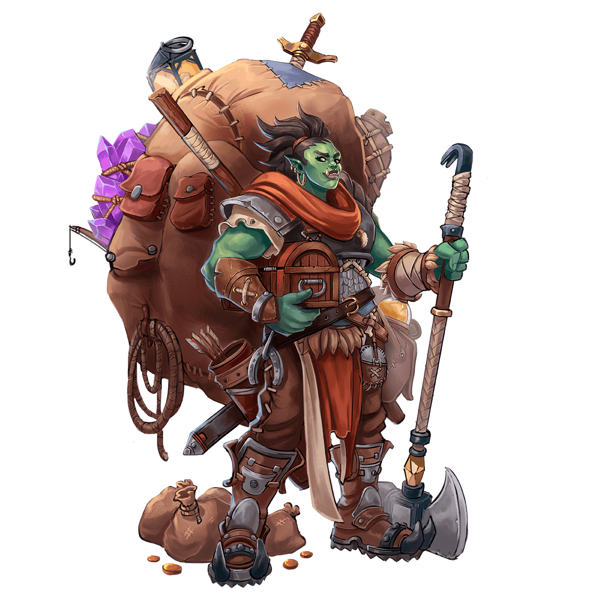Dungeoneer Fighter, an orc laden with an enormous pack of loot, lantern, and adventuring gear