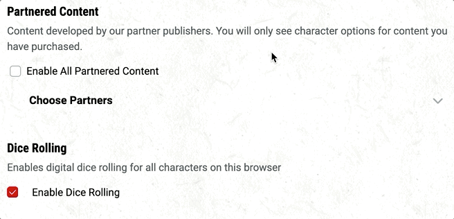 An animation demonstrating the selection of the Sterling Vermin source category in the character builder. Under “Partnered Content” in the Character Preferences page, expand “Choose Partners” and check the box next to “Sterling Vermin.”