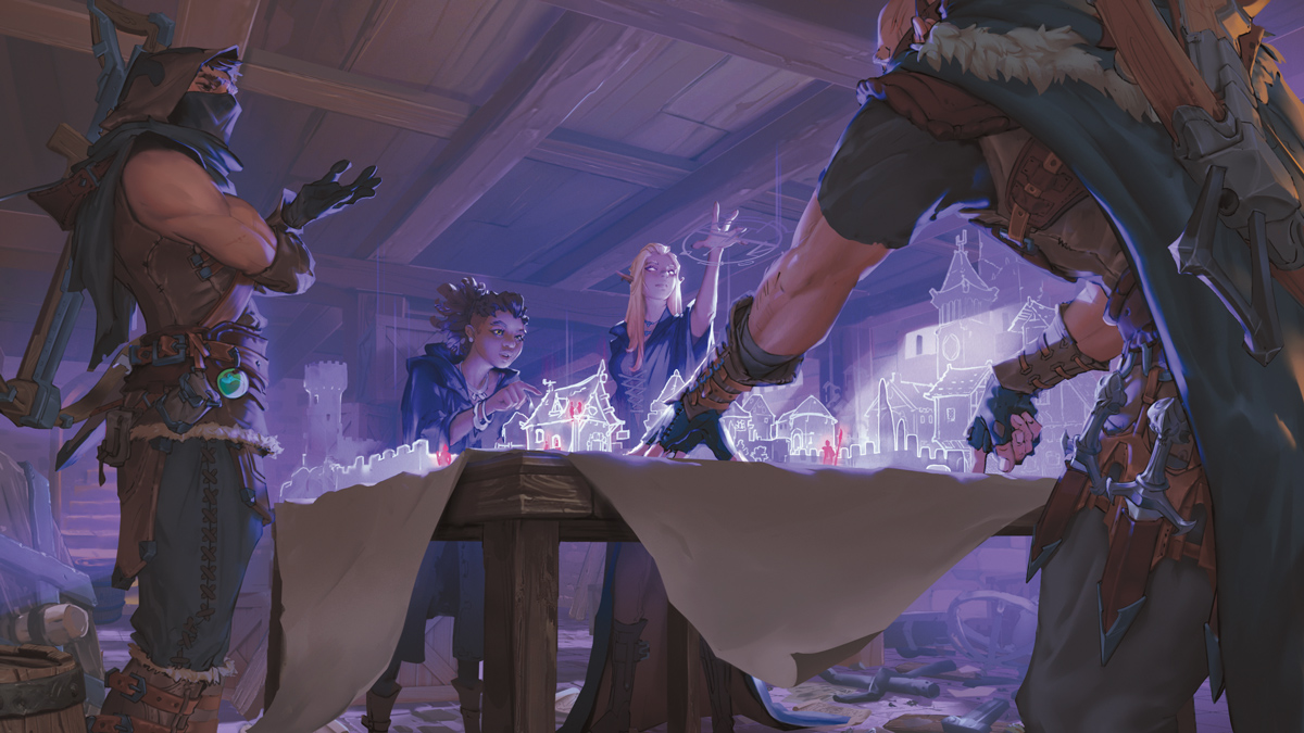 A heist crew studies magical schematics