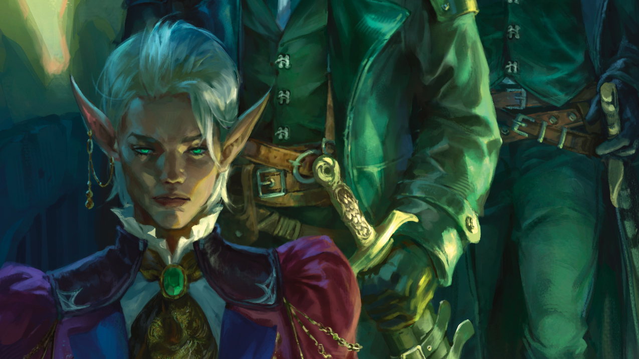 A mysterious handler briefs a party of adventurers