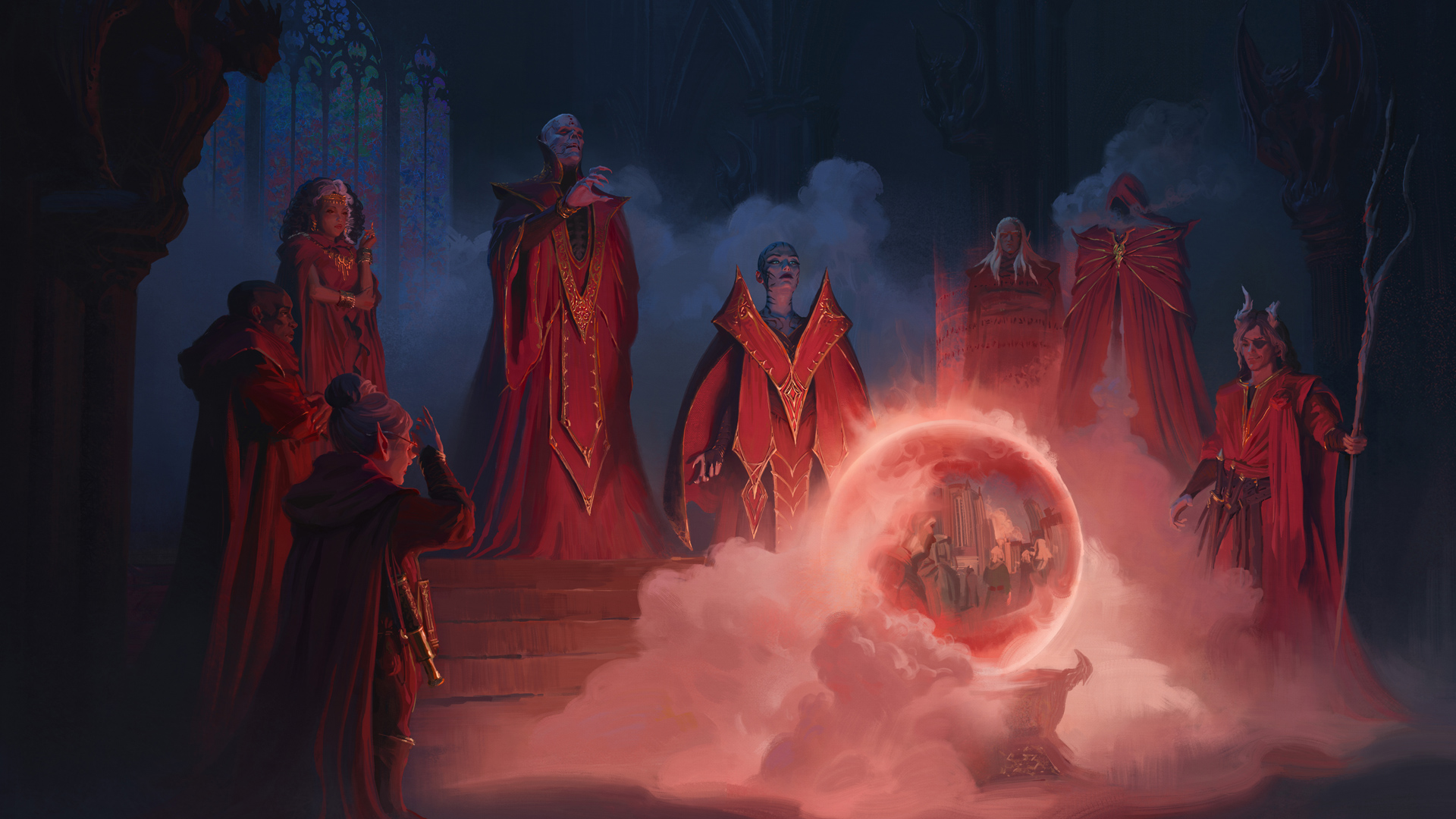 A council of Red Wizards observe a divination crystal ball
