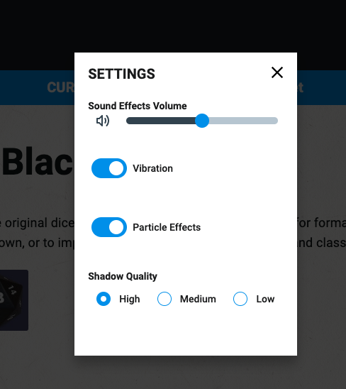 Settings on the My Dice Page