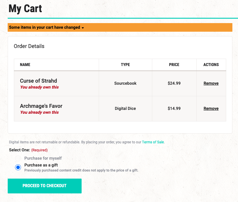 Setting your cart to purchase as a gift