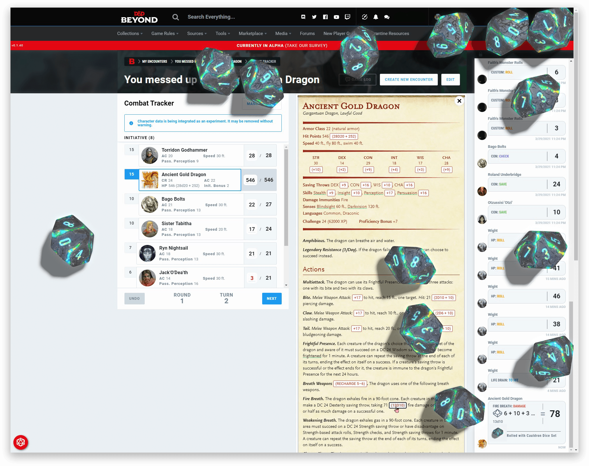 Screenshot showing many ten-sided dice being rolled for the breath weapon attack of an Ancient Gold Dragon